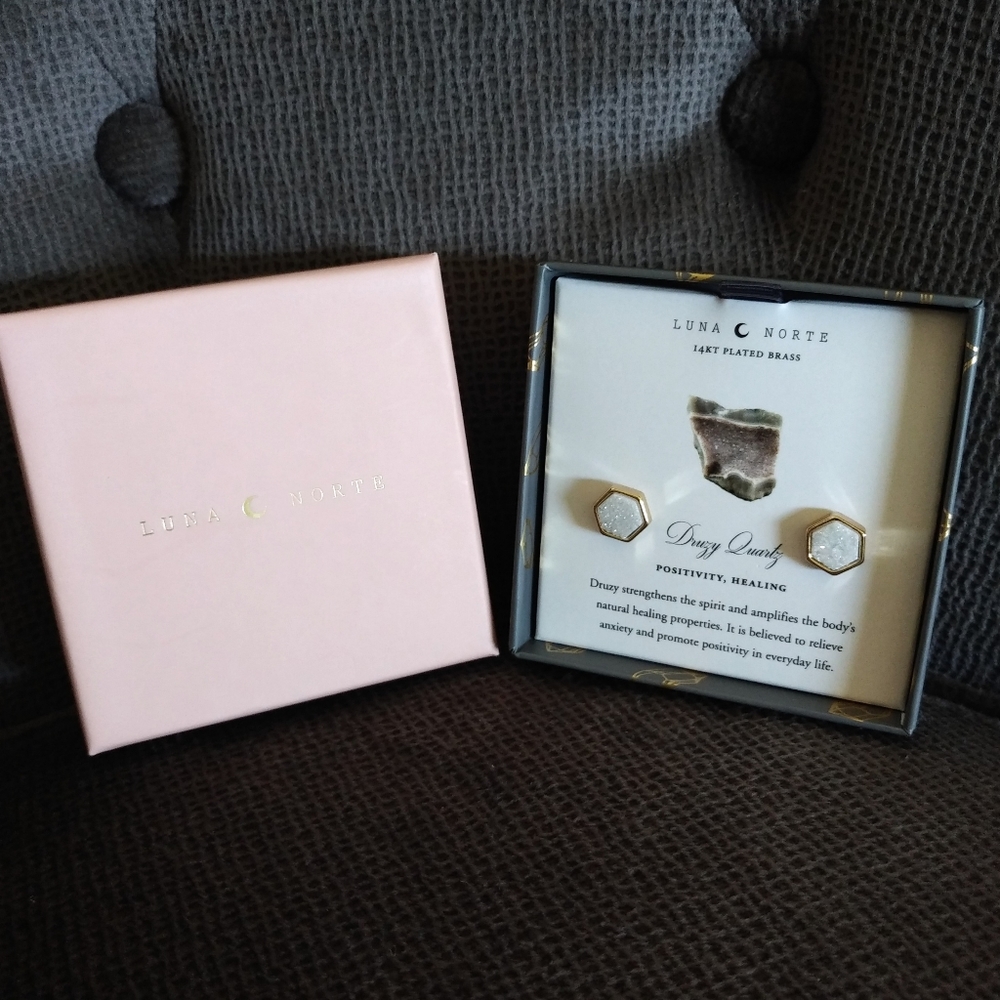 Luna🌙 Norte White Druzy Quartz Hexagon Earrings - Picture 12 of 13